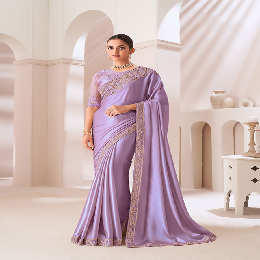 Purple Sartin silk Partywear Saree